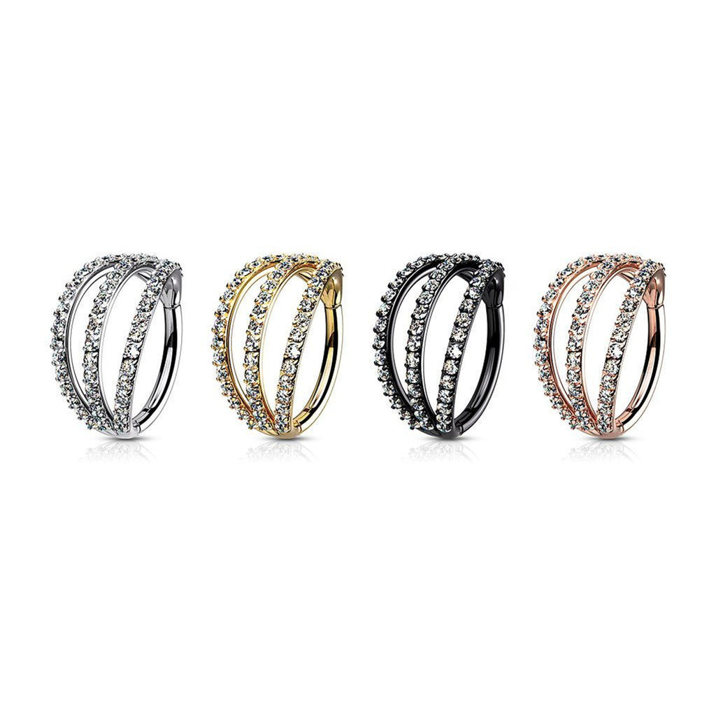 Surgical Steel Hinged Segment Ring 16 Gauge Triple Layer Paved CZ - Kruelty