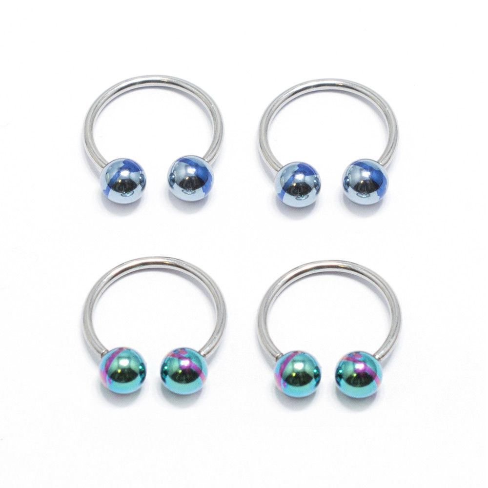 Surgical Steel 18G Horseshoe Barbell Anodized Stripe Balls - 4 Pack