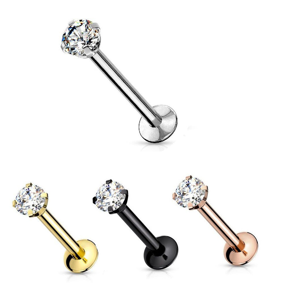 Surgical Steel Labret Stud 20 & 18 Gauge Threadless Flat Back CZ Gem - Kruelty