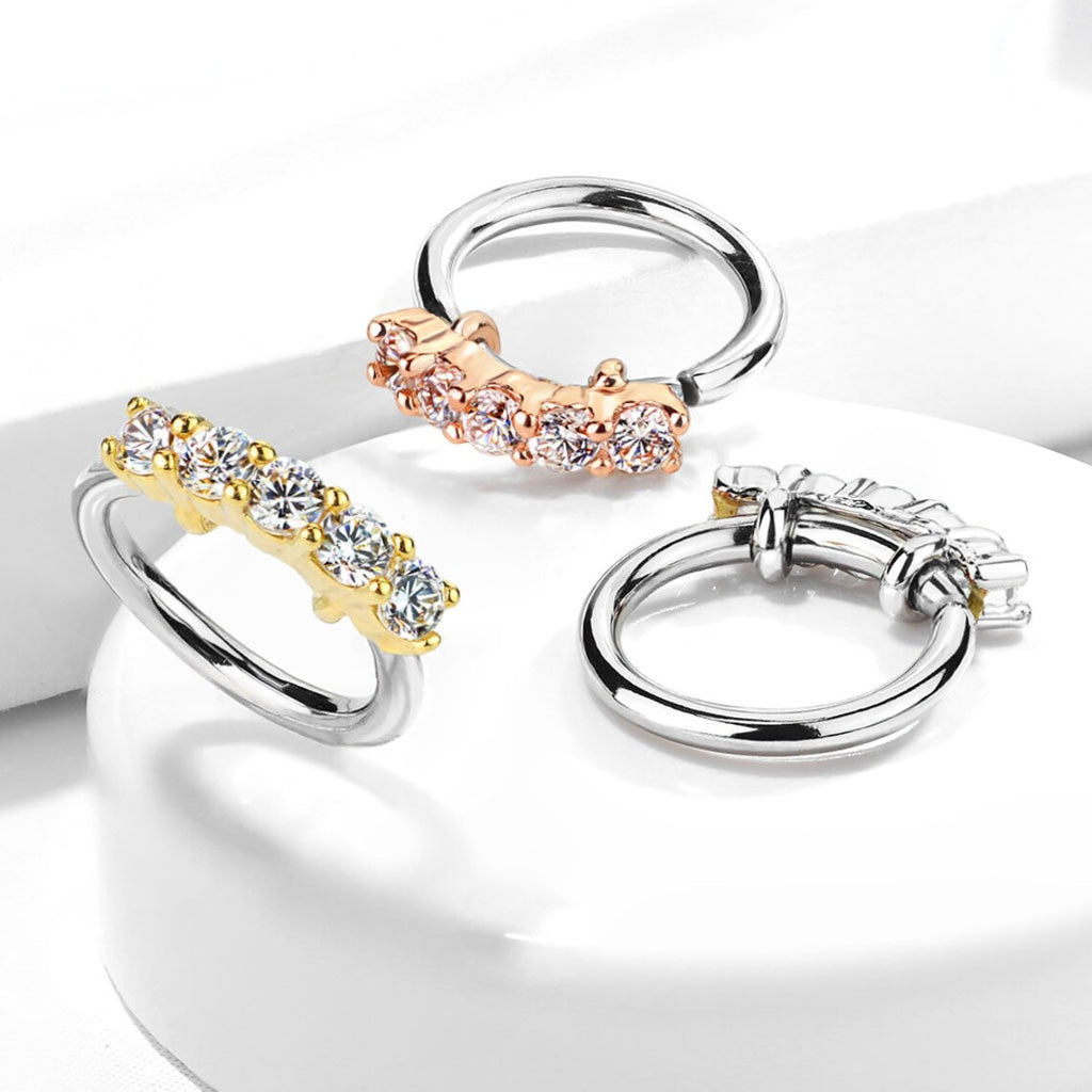 Surgical Steel Bendable Hoop Ring 20 18 & 16 Gauge 5 Lined CZ Gem - Kruelty - Photo 3