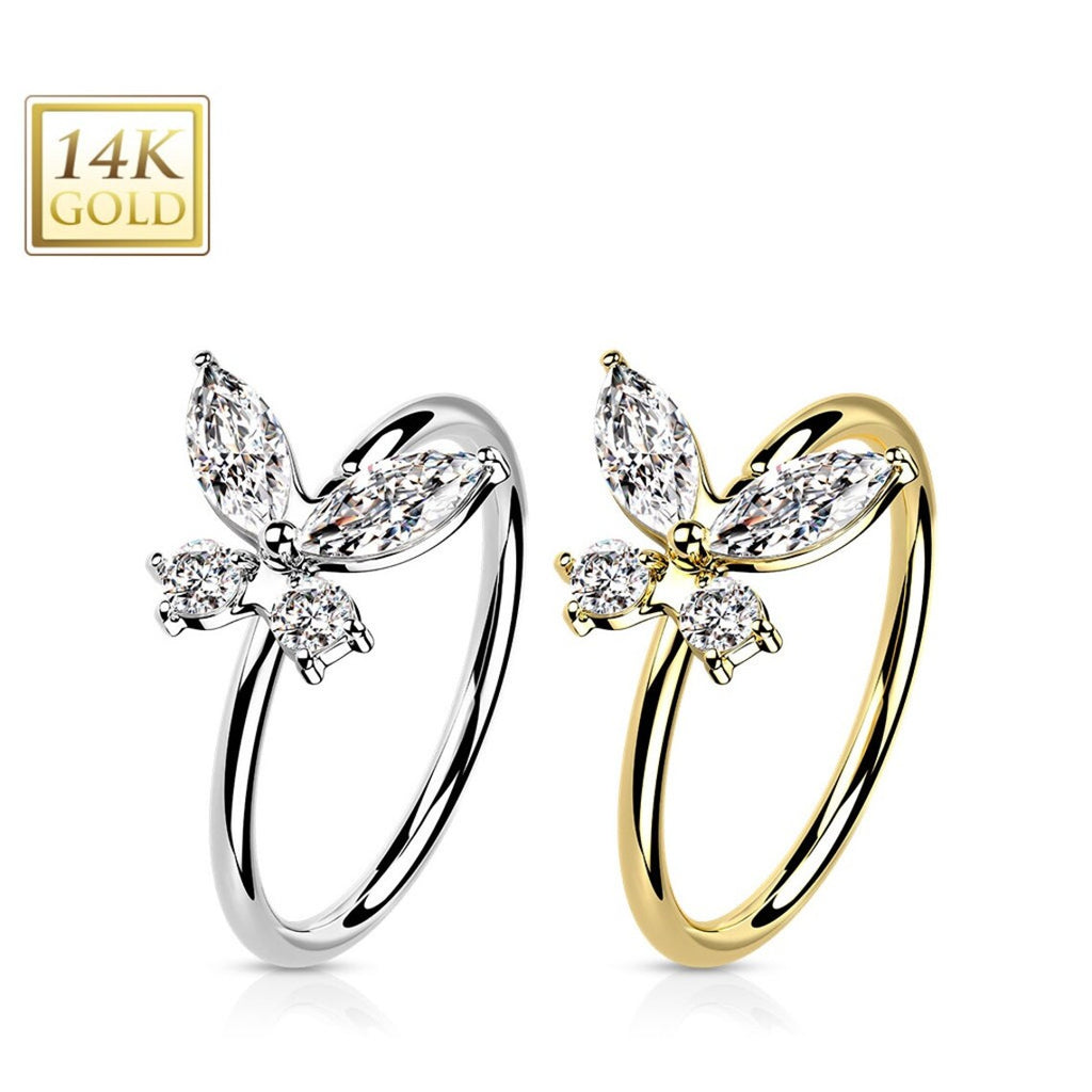14 Karat Solid Gold Nose Ring 20 Gauge Bendable Hoop Butterfly - Kruelty