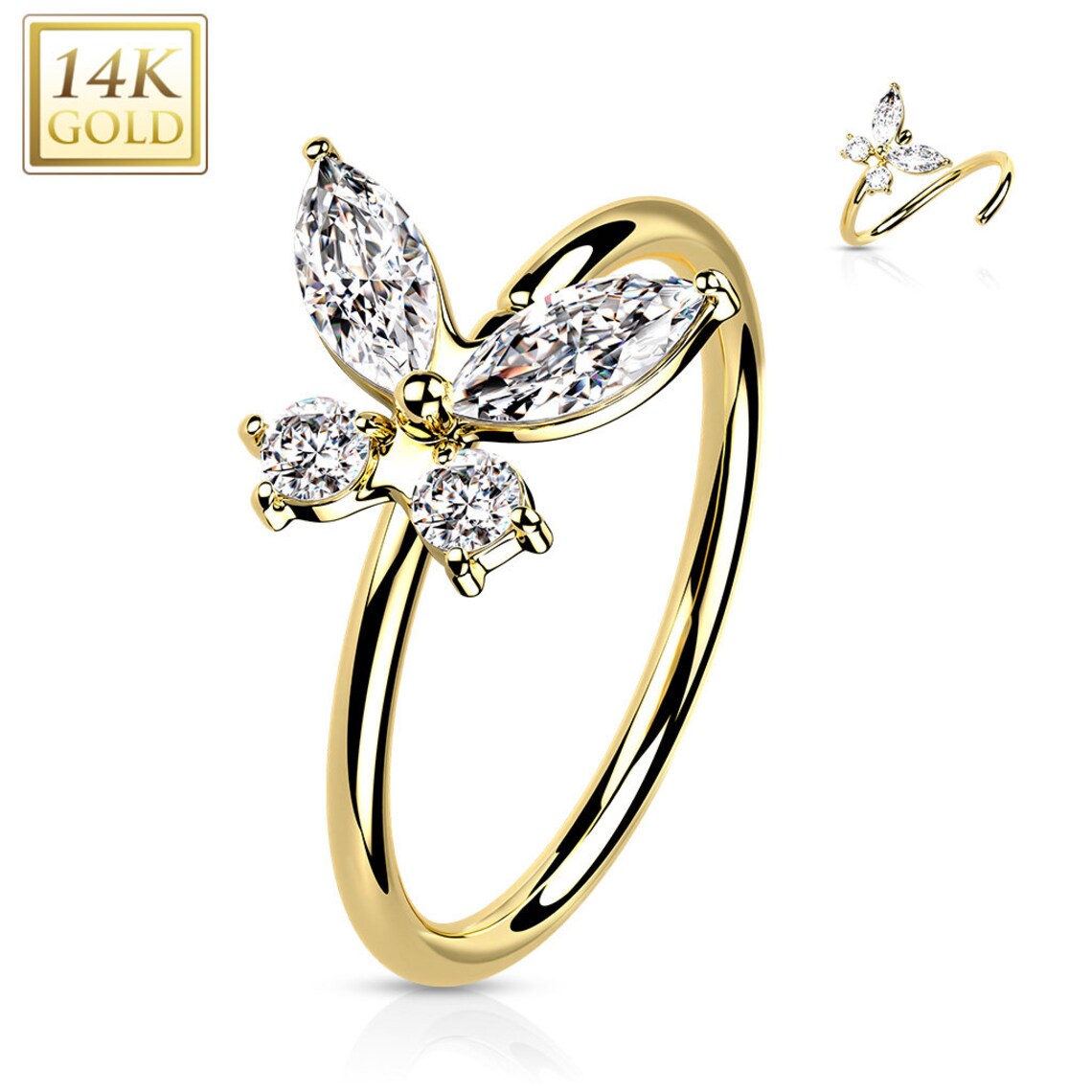 14 Karat Solid Gold Nose Ring 20 Gauge Bendable Hoop Butterfly - Kruelty - Photo 8