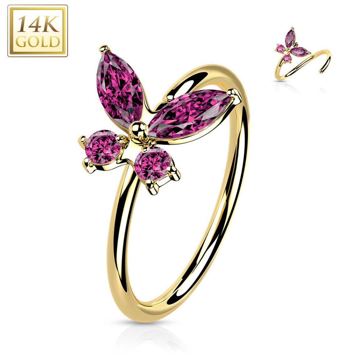 14 Karat Solid Gold Nose Ring 20 Gauge Bendable Hoop Butterfly - Kruelty - Photo 13