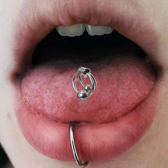 Surgical Steel Tongue Ring 14 Gauge & Double Slave Hoop Door Knocker - Kruelty - Photo 2