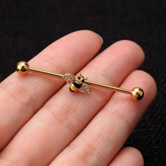 Surgical Steel Industrial Barbell 14 Gauge 1-1/2" 38 mm & Bee CZ Gem - Kruelty - Photo 5