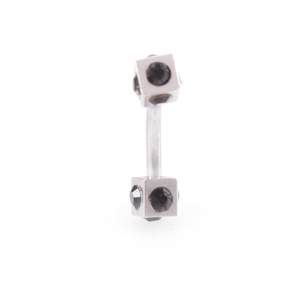 Surgical Steel 16G Box Design Curved Barbell Black & Clear CZ - Pair