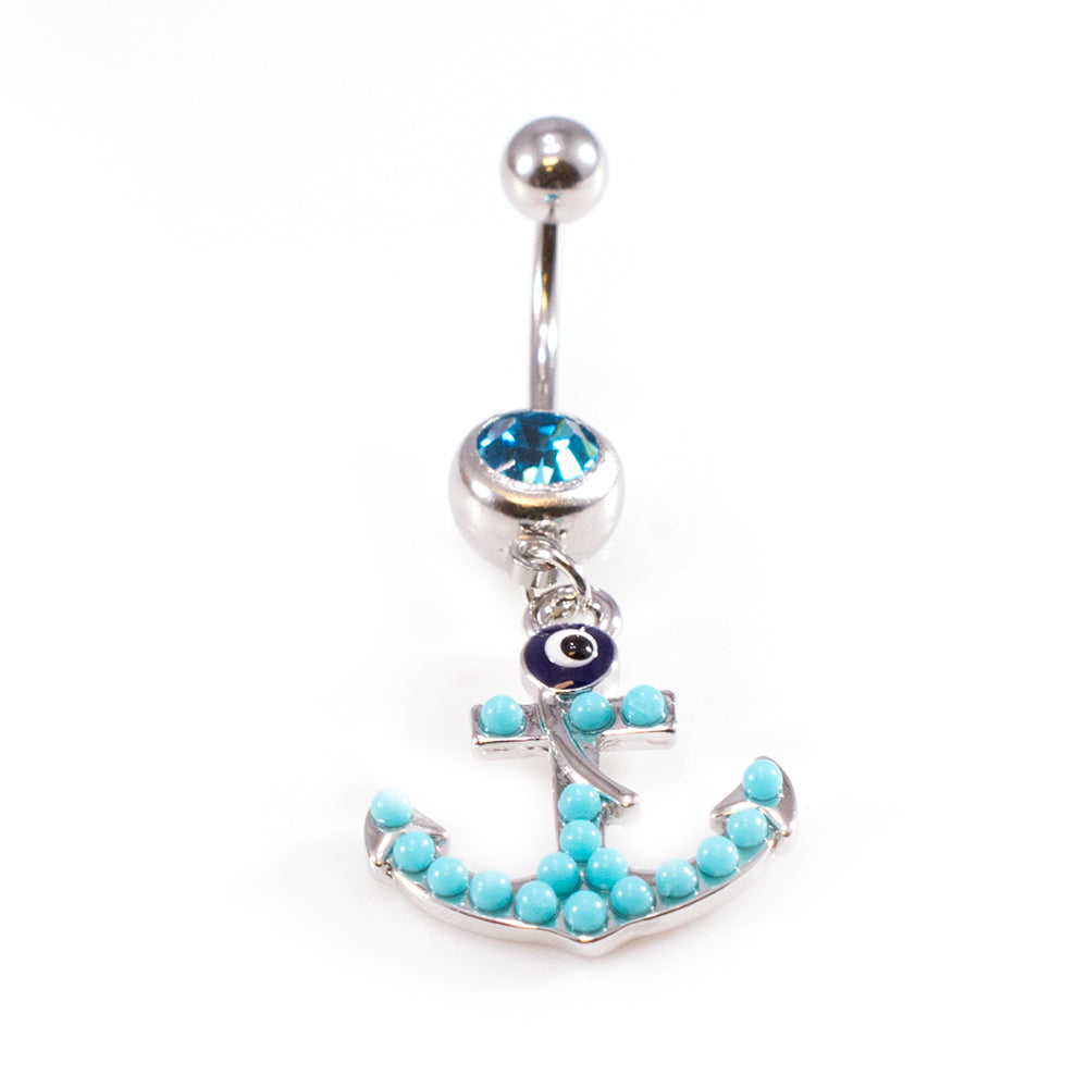 Surgical Steel 14 Gauge Belly Ring Anchor Dangle with Aqua CZ - photo 2