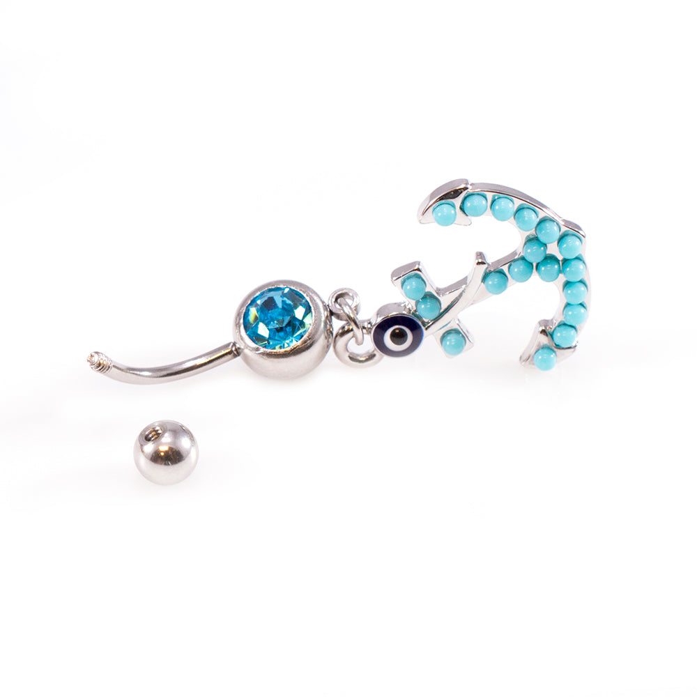 Surgical Steel 14 Gauge Belly Ring Anchor Dangle with Aqua CZ - photo 3