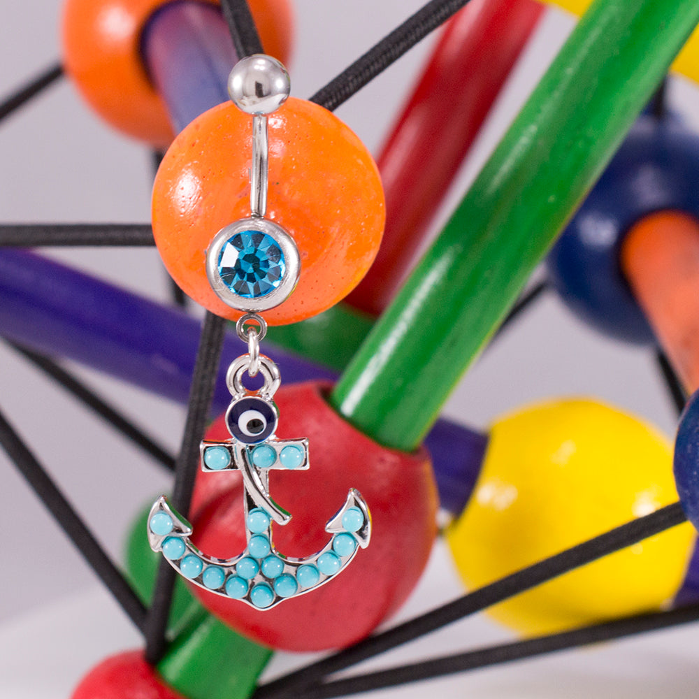 Surgical Steel 14 Gauge Belly Ring Anchor Dangle with Aqua CZ - photo 4