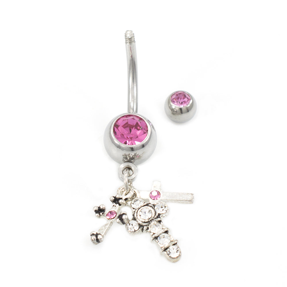 Surgical Steel 14 Gauge Belly Ring with Pink CZ Crosses - photo 2