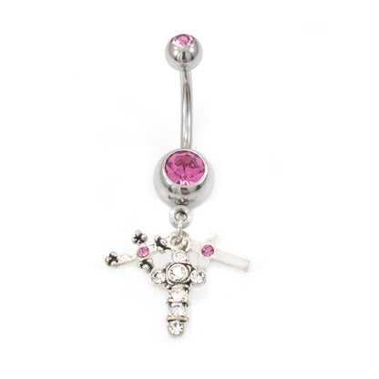 Surgical Steel 14 Gauge Belly Ring with Pink CZ Crosses - photo 4