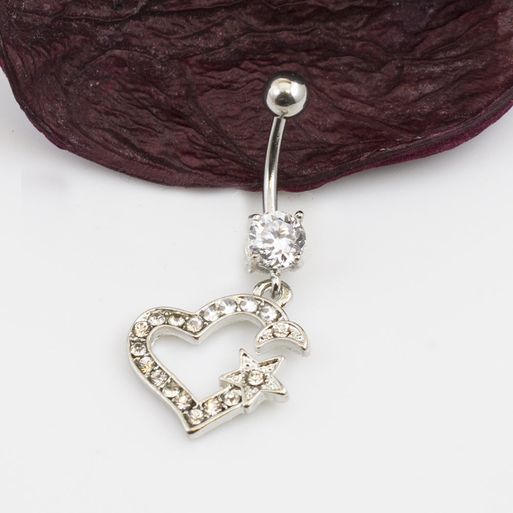 Surgical Steel 14 Gauge Belly Ring with CZ Heart Star & Moon Dangle - photo 2