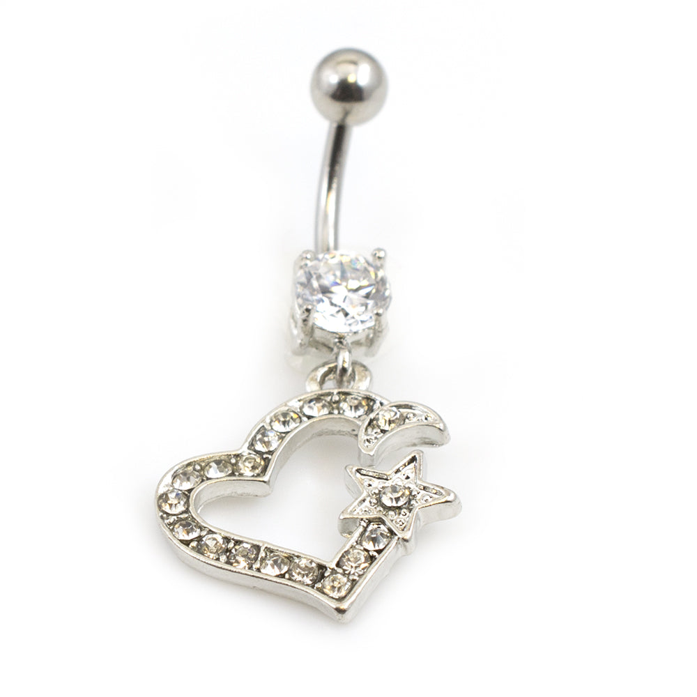 Surgical Steel 14 Gauge Belly Ring with CZ Heart Star & Moon Dangle - photo 3