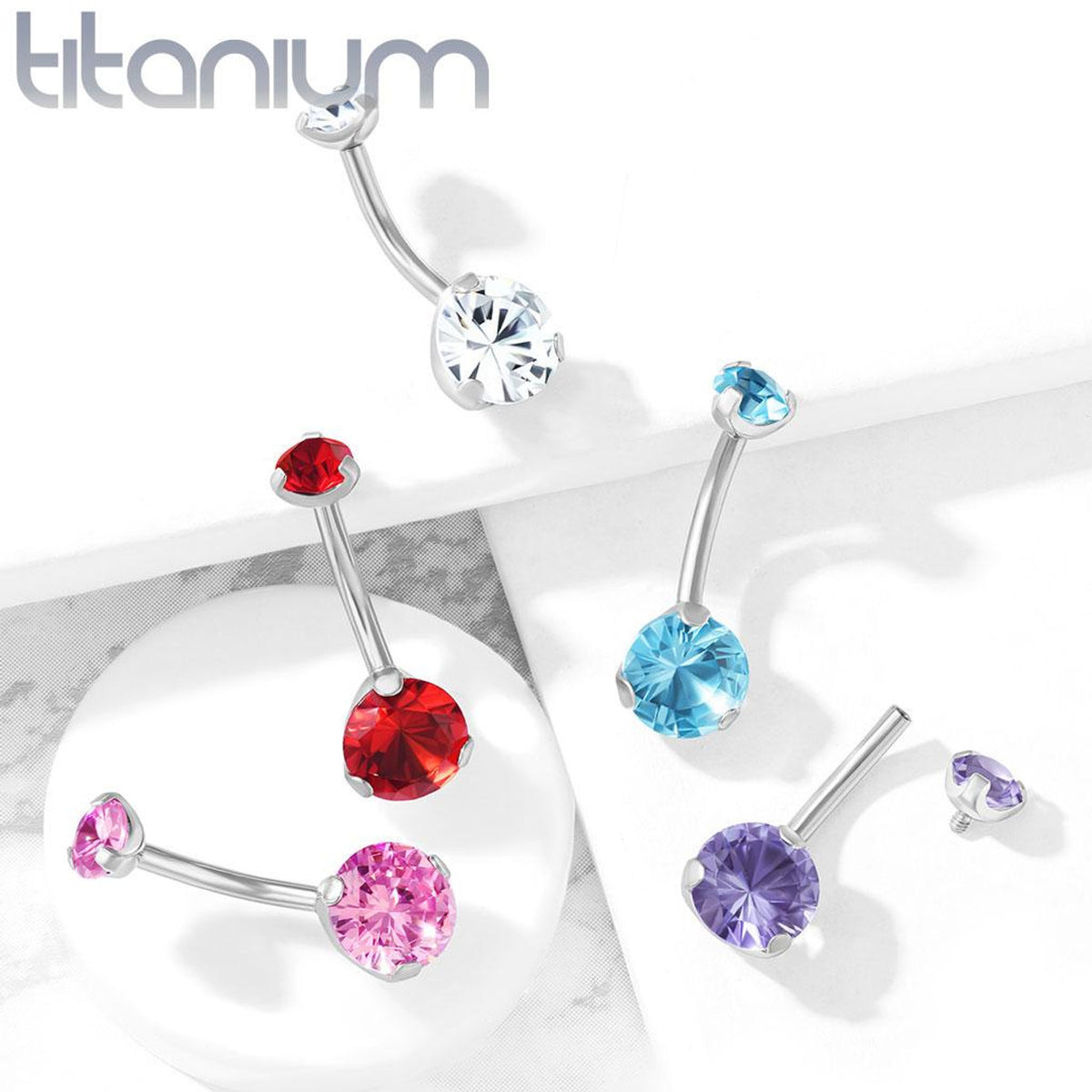 Titanium Belly Ring Curved Barbell 14 Gauge Internally Threaded Gem - Kruelty - Photo 2