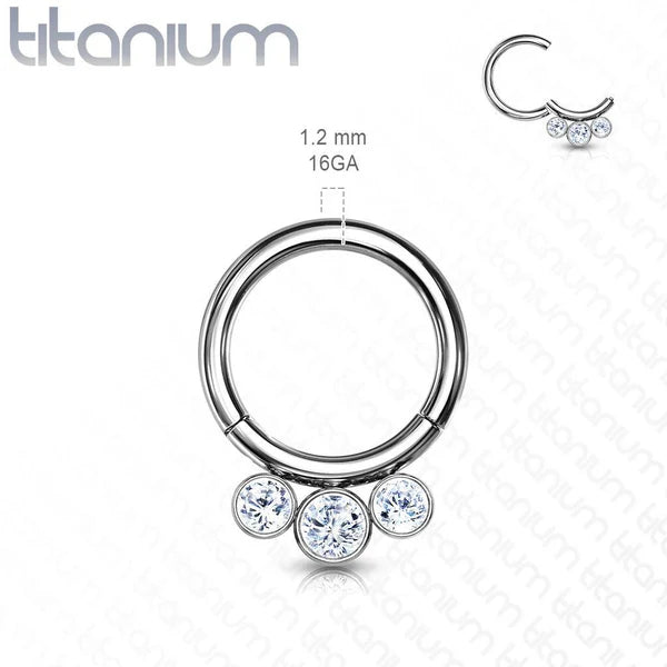 Titanium Hinged Segment Hoop Septum Ring 16 Gauge With 3 Forward Gems