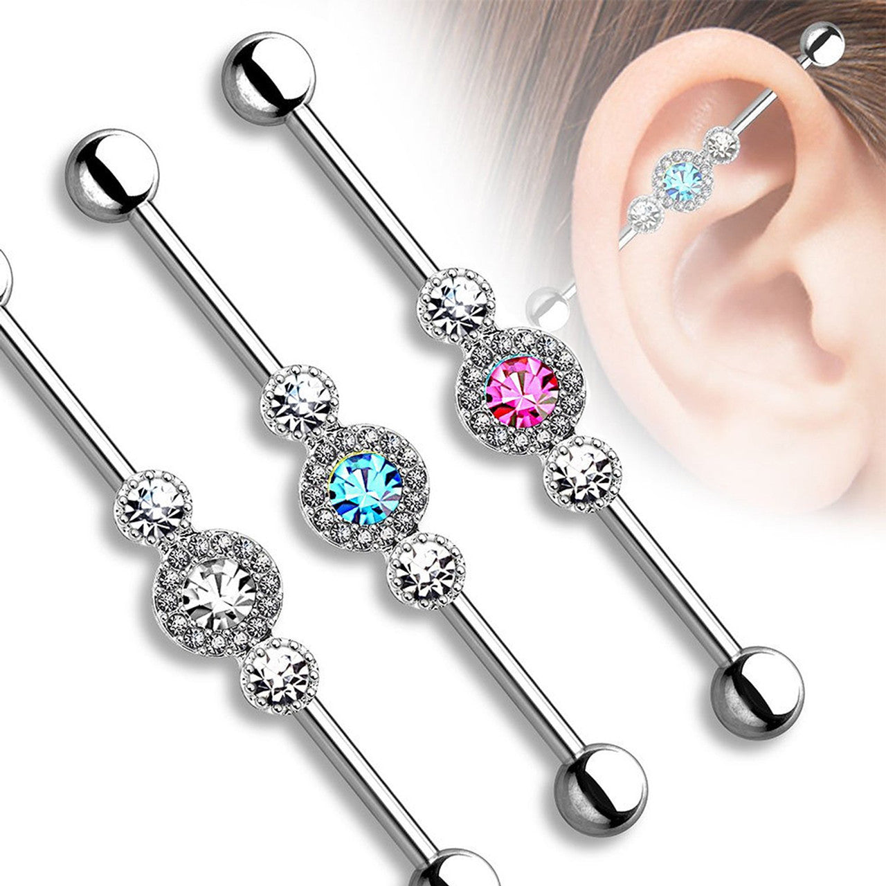 Surgical Steel Industrial Barbell 14 Gauge 1-1/2" & Center CZ Gem