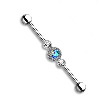 Surgical Steel Industrial Barbell 14 Gauge 1-1/2" & Center CZ Gem