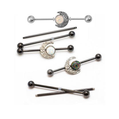 Surgical Steel Industrial Barbell 14 Gauge 38 MM & Crescent Moon Opal