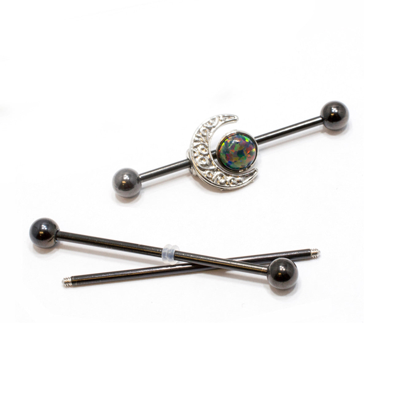 Surgical Steel Industrial Barbell 14 Gauge 38 MM & Crescent Moon Opal