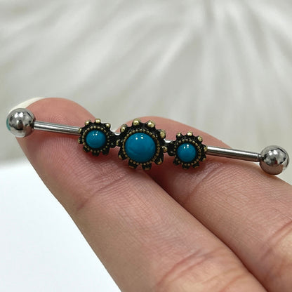 Surgical Steel 14 Gauge Industrial Barbell with Triple Turquoise - photo 4