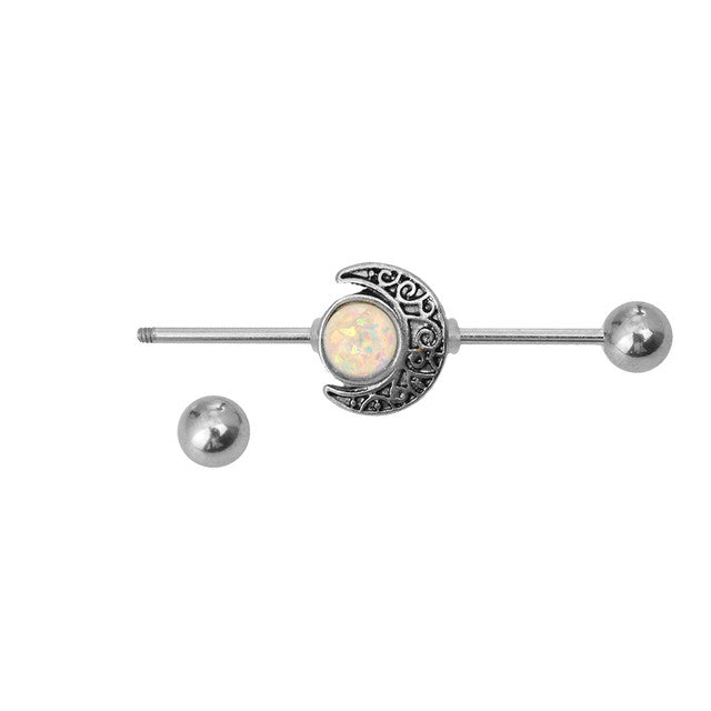 Surgical Steel Industrial Barbell 14 Gauge 38 MM & Crescent Moon Opal