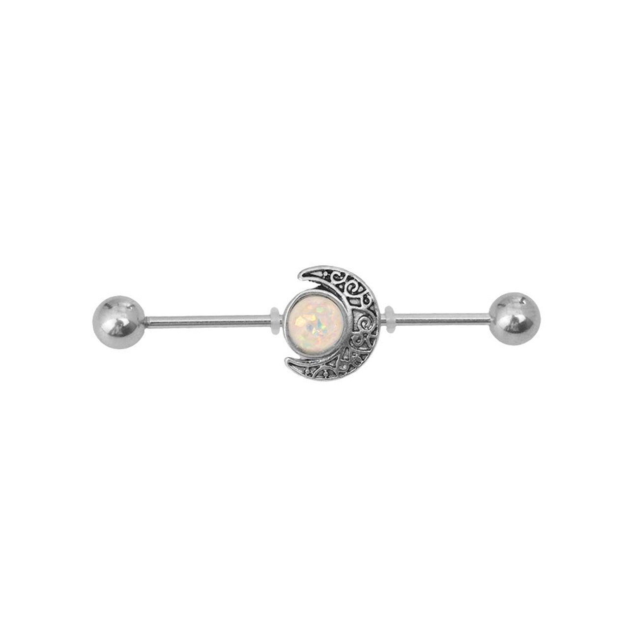 Surgical Steel Industrial Barbell 14 Gauge 38 MM & Crescent Moon Opal