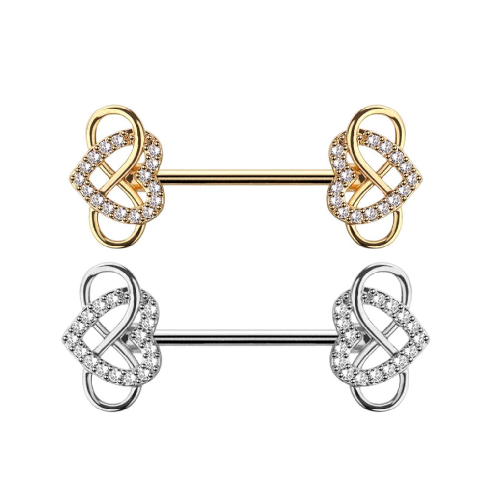 Surgical Steel Nipple Barbell 14G 14mm with Infinity Heart CZ - Pair