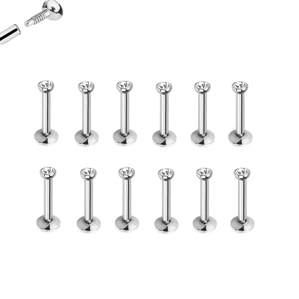 Surgical Steel 14G Internally Threaded Labret Bezel CZ - 6 Pack