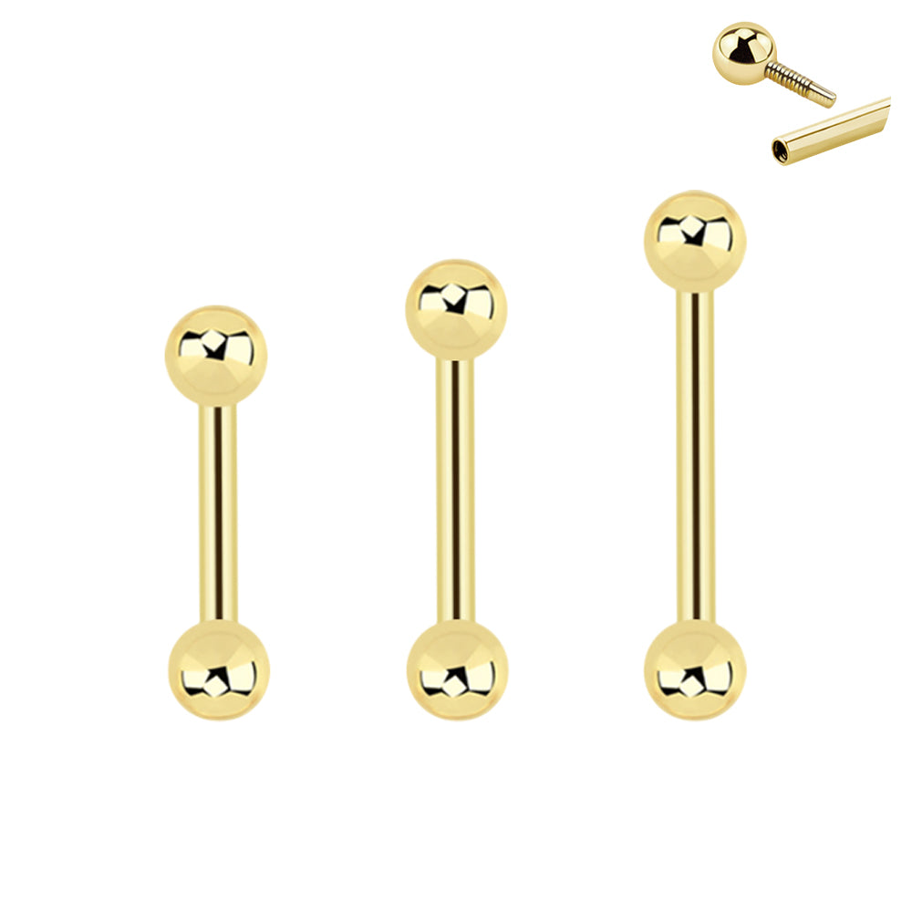 14K Solid Gold Internally Threaded Straight Barbell 14G with 4mm Balls - photo 3