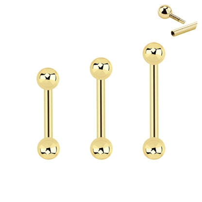14K Solid Gold Internally Threaded Straight Barbell 14G with 4mm Balls - photo 3