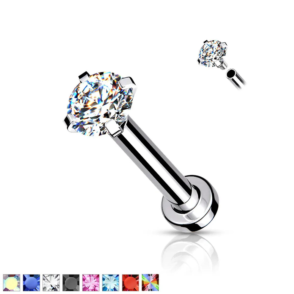 Surgical Steel 18 Gauge Prong CZ Top Flat Back Labret Stud