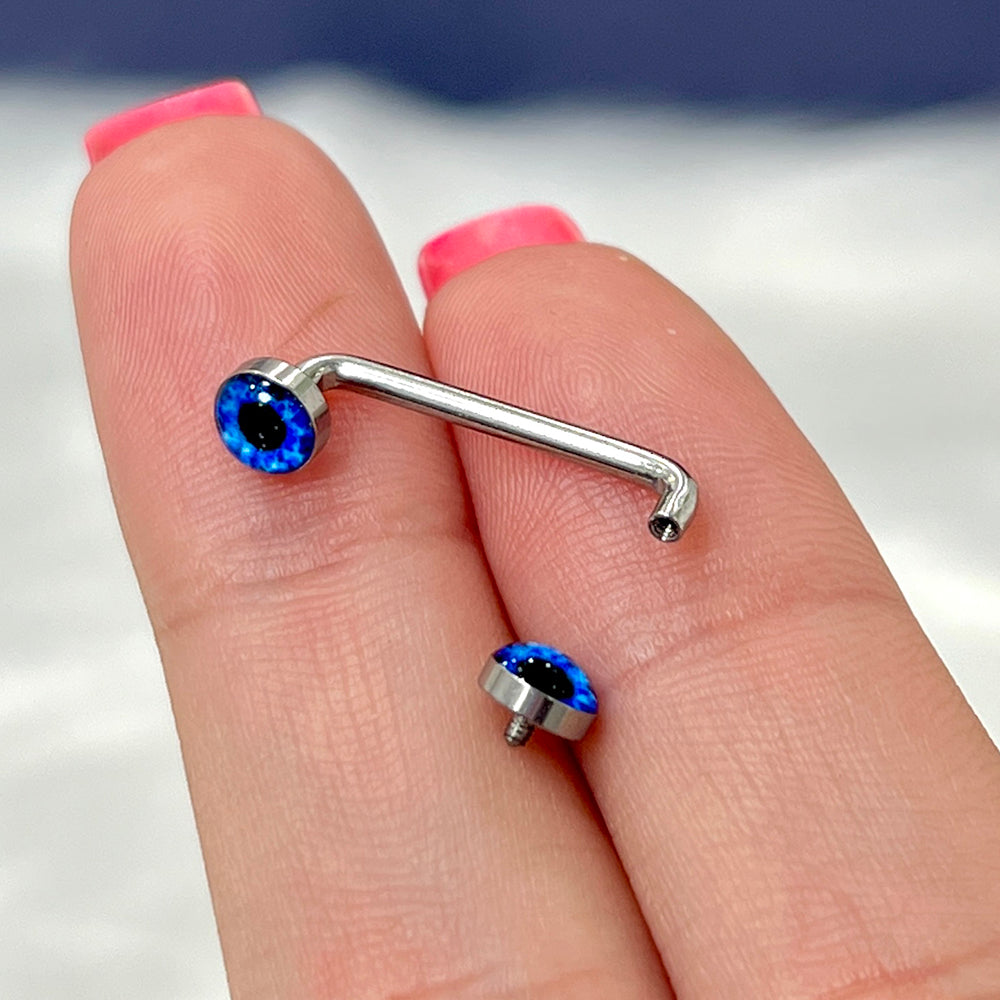 Surgical steel surface barbell with eyeball ends