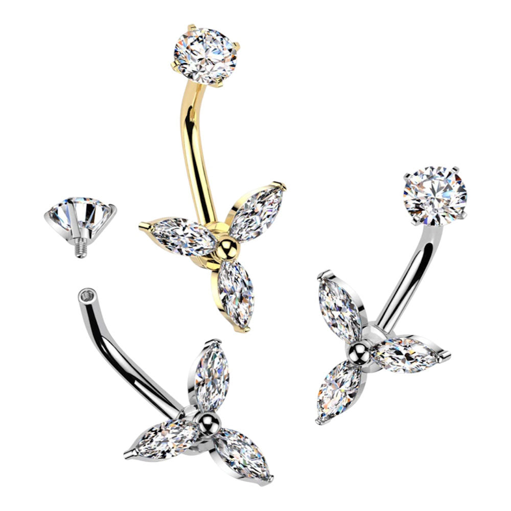 Surgical Steel 14 Gauge Triple Marquise CZ Belly Button Ring 10mm