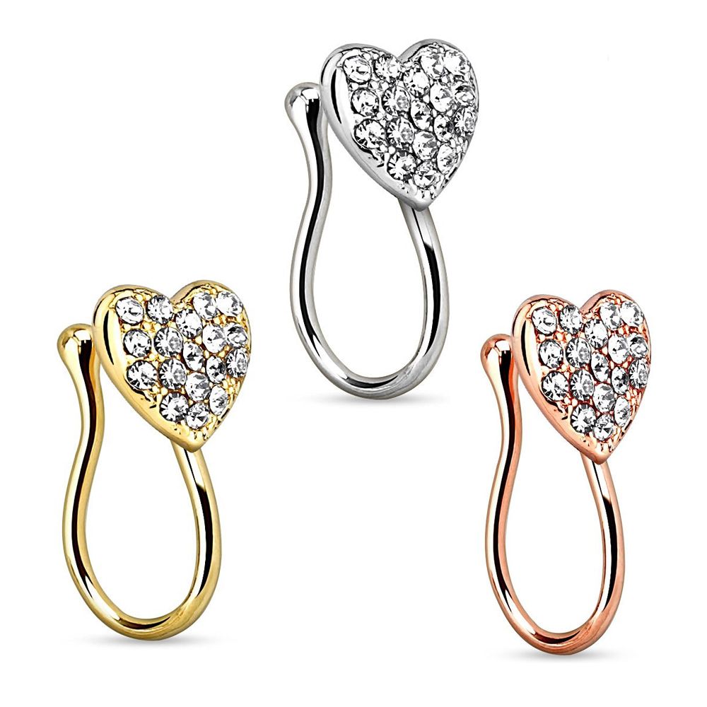 Ion Plated Heart Nose Clips with CZ - Non-Piercing