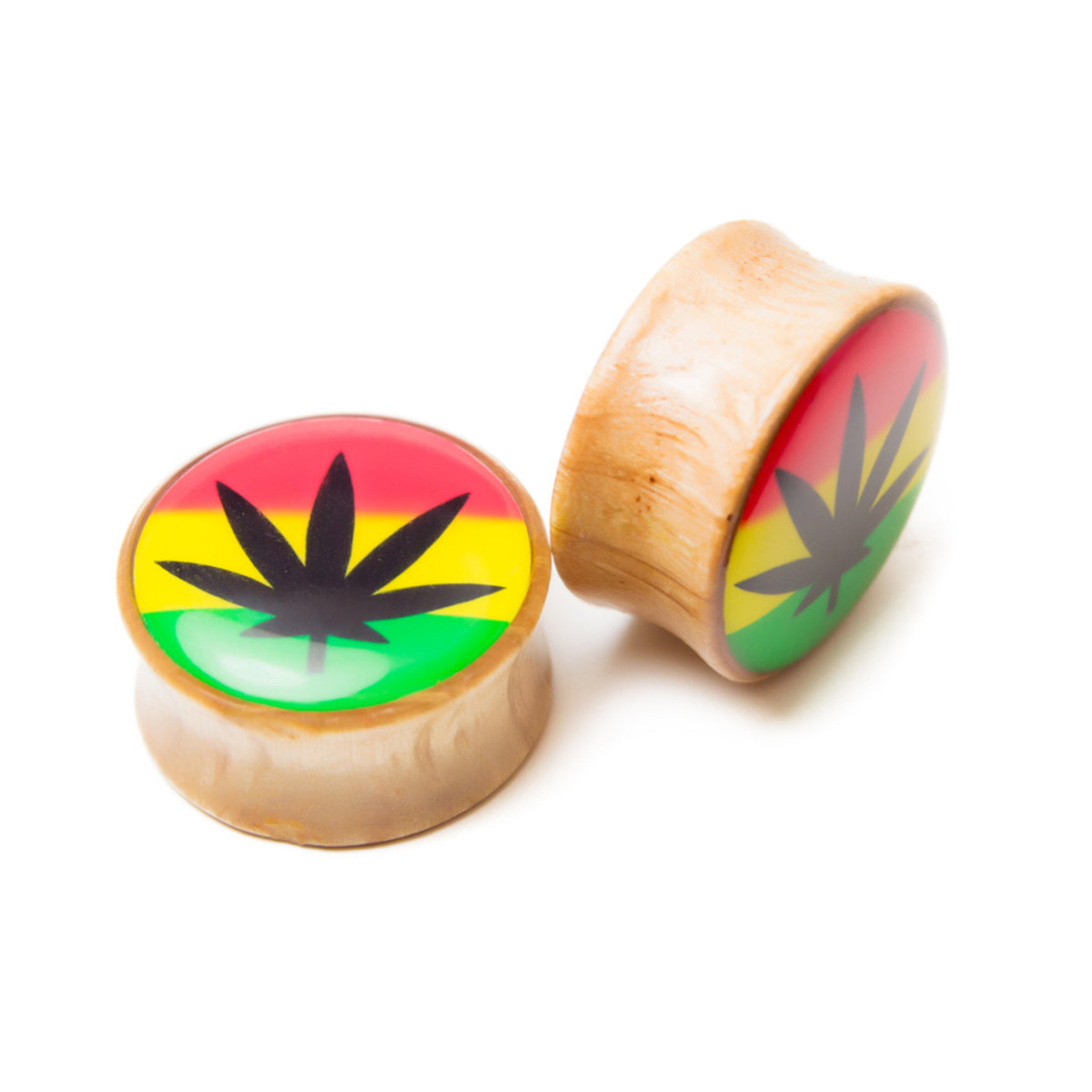Wood 2 Gauge Saddle Fit Plugs with Jamaican Rasta Pot Leaf - Pair - photo 2