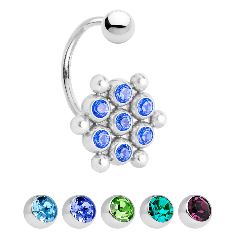 Surgical Steel 14 Gauge Belly Ring with C Shape Bar and 7 CZ Gems