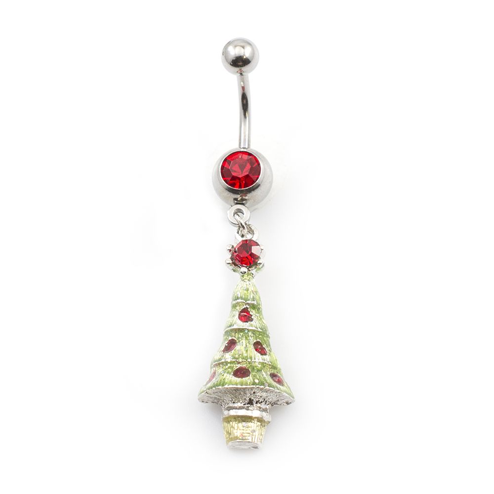 Surgical Steel 14 Gauge Belly Ring with Jeweled Christmas Tree