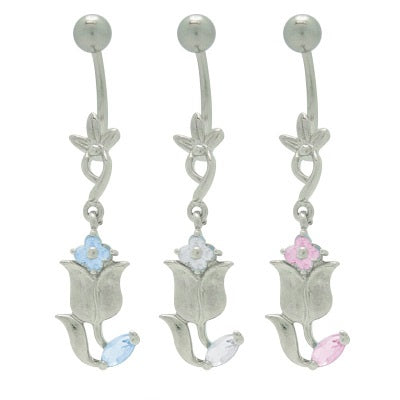 Surgical Steel 14 Gauge Belly Ring with Jeweled Flower and Leaf