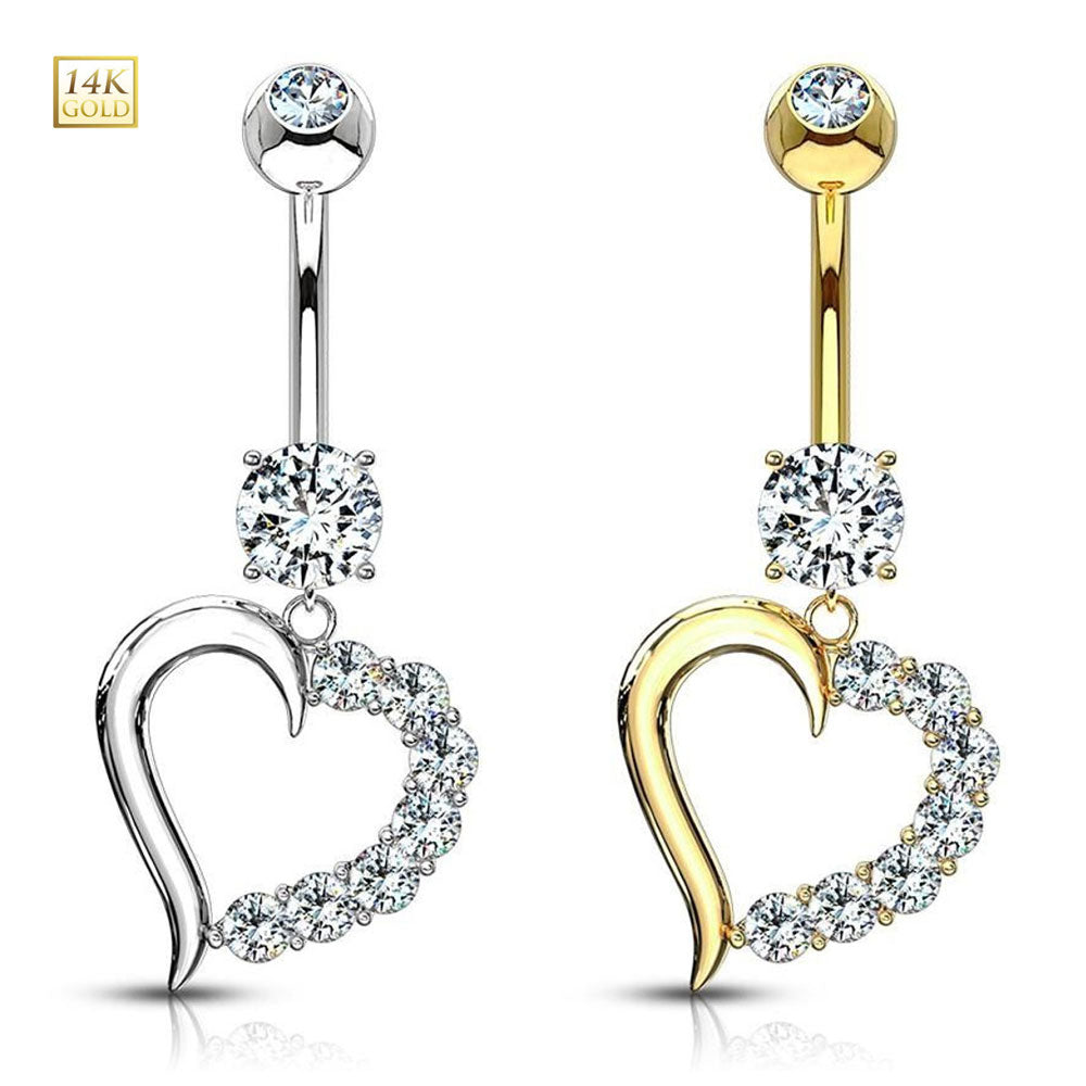 14K Solid Gold 14 Gauge Belly Ring with Dangle Journey Heart CZ