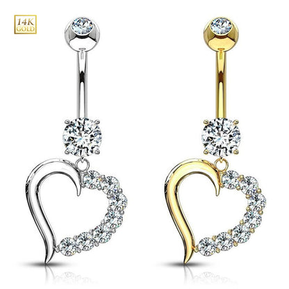 14K Solid Gold 14 Gauge Belly Ring with Dangle Journey Heart CZ