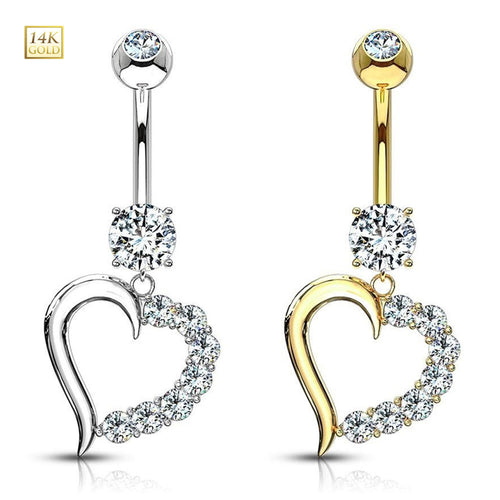 14K Solid Gold 14 Gauge Belly Ring with Dangle Journey Heart CZ
