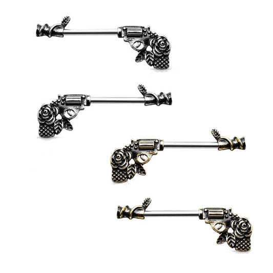 Surgical Steel Barbell Nipple Ring 14 Gauge with Rose Revolver - Pair