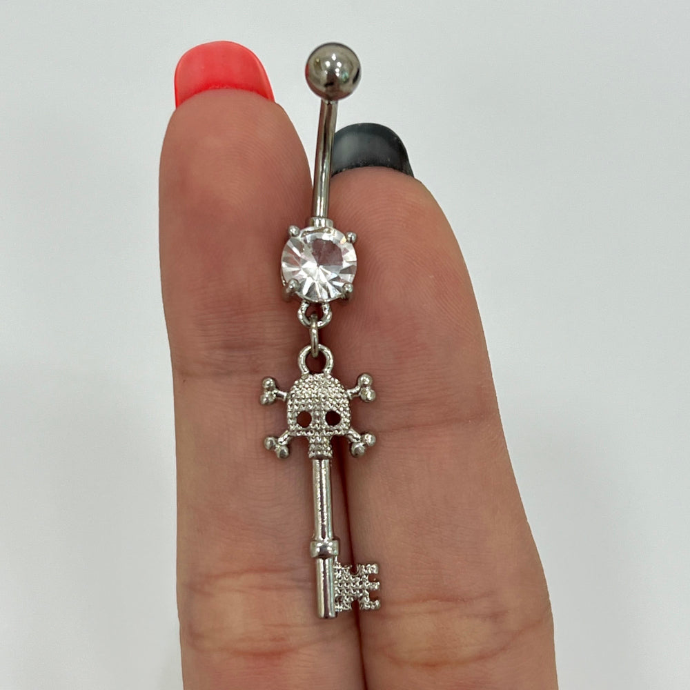 Surgical Steel 14 Gauge Belly Ring with Dangle CZ Skull Key - photo 2