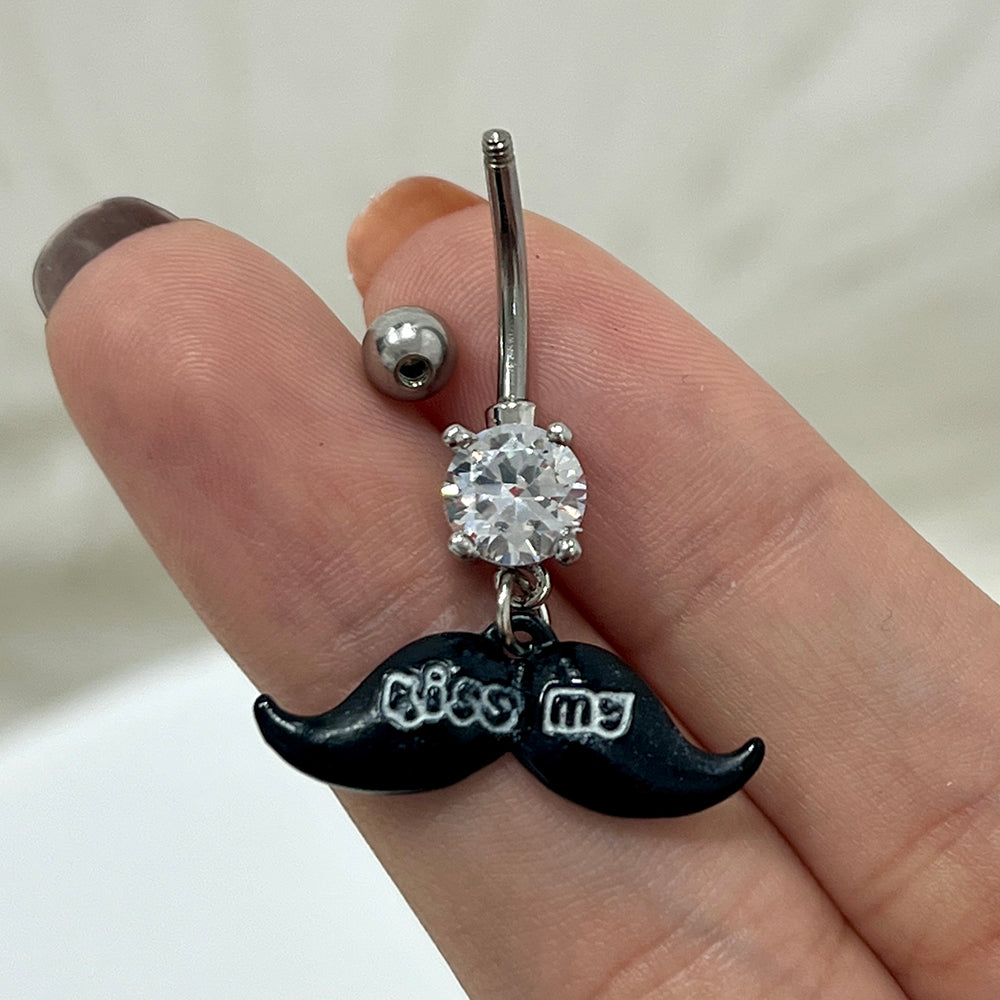 Surgical Steel 14 Gauge Kiss Me Mustache CZ Dangle Belly Ring