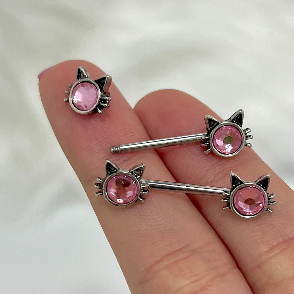 Surgical Steel 14 Gauge Nipple Barbell with Pink CZ Kitty Cat - Pair - photo 2