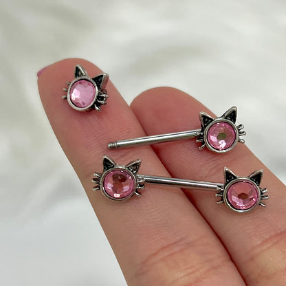 Surgical Steel 14 Gauge Nipple Barbell with Pink CZ Kitty Cat - Pair - photo 2