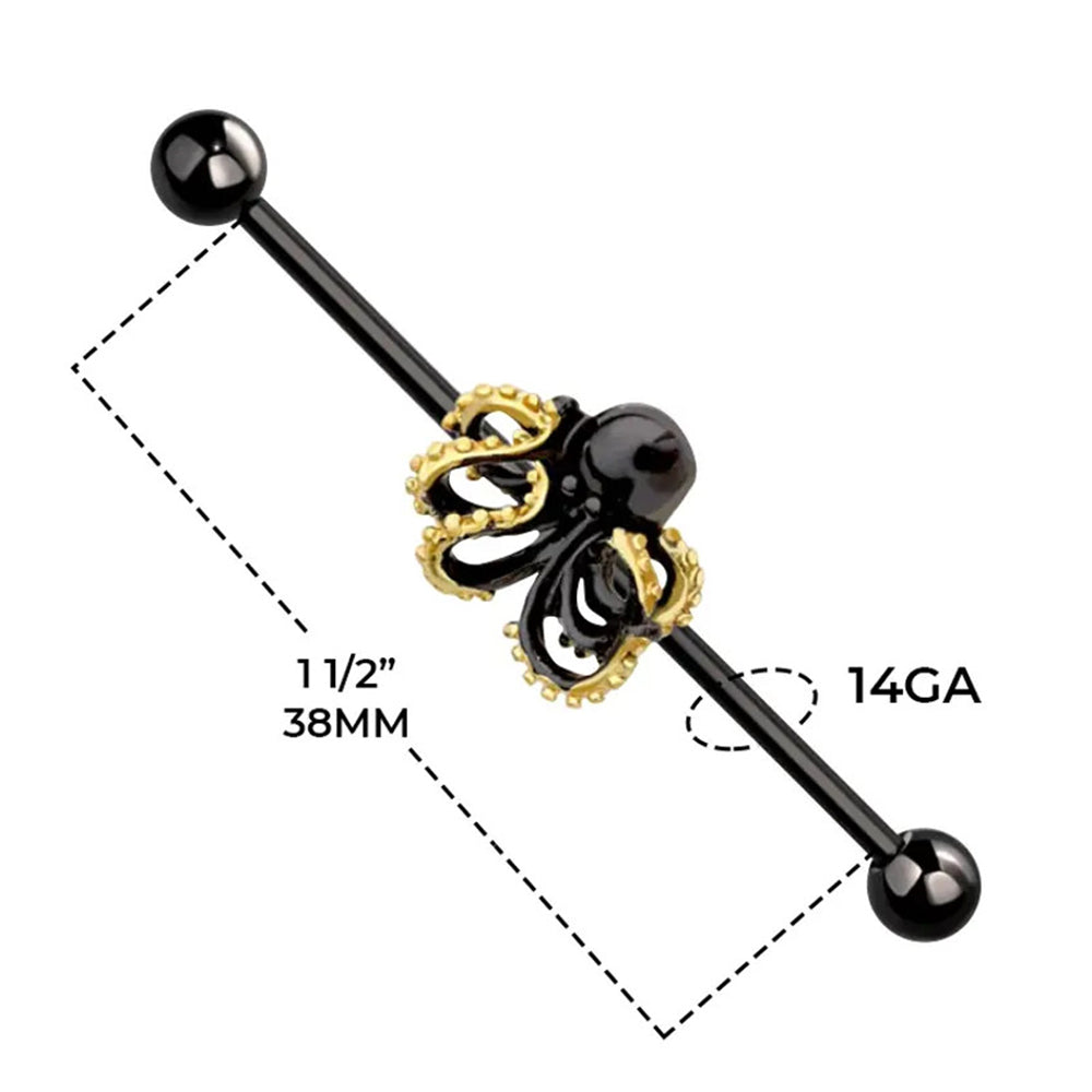 Surgical Steel 14 Gauge Black Octopus Industrial Barbell