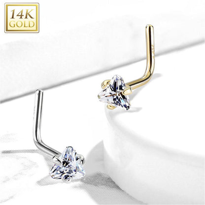 14K Solid Gold 20 Gauge L Shaped Nose Stud with Triangle CZ - photo 3