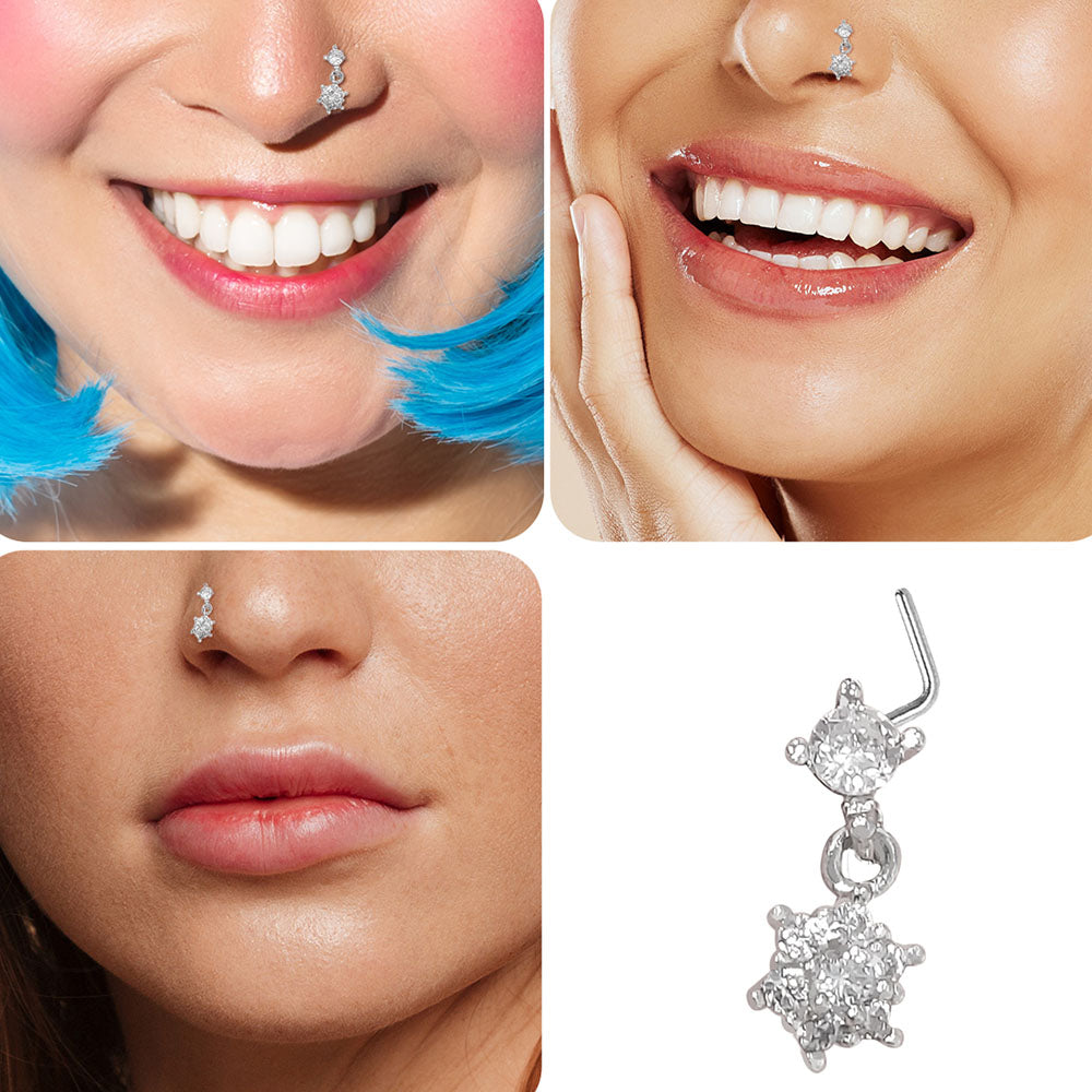 Surgical Steel L-Shaped Nose Stud 20G 6mm with Dangle Flower CZ - photo 6