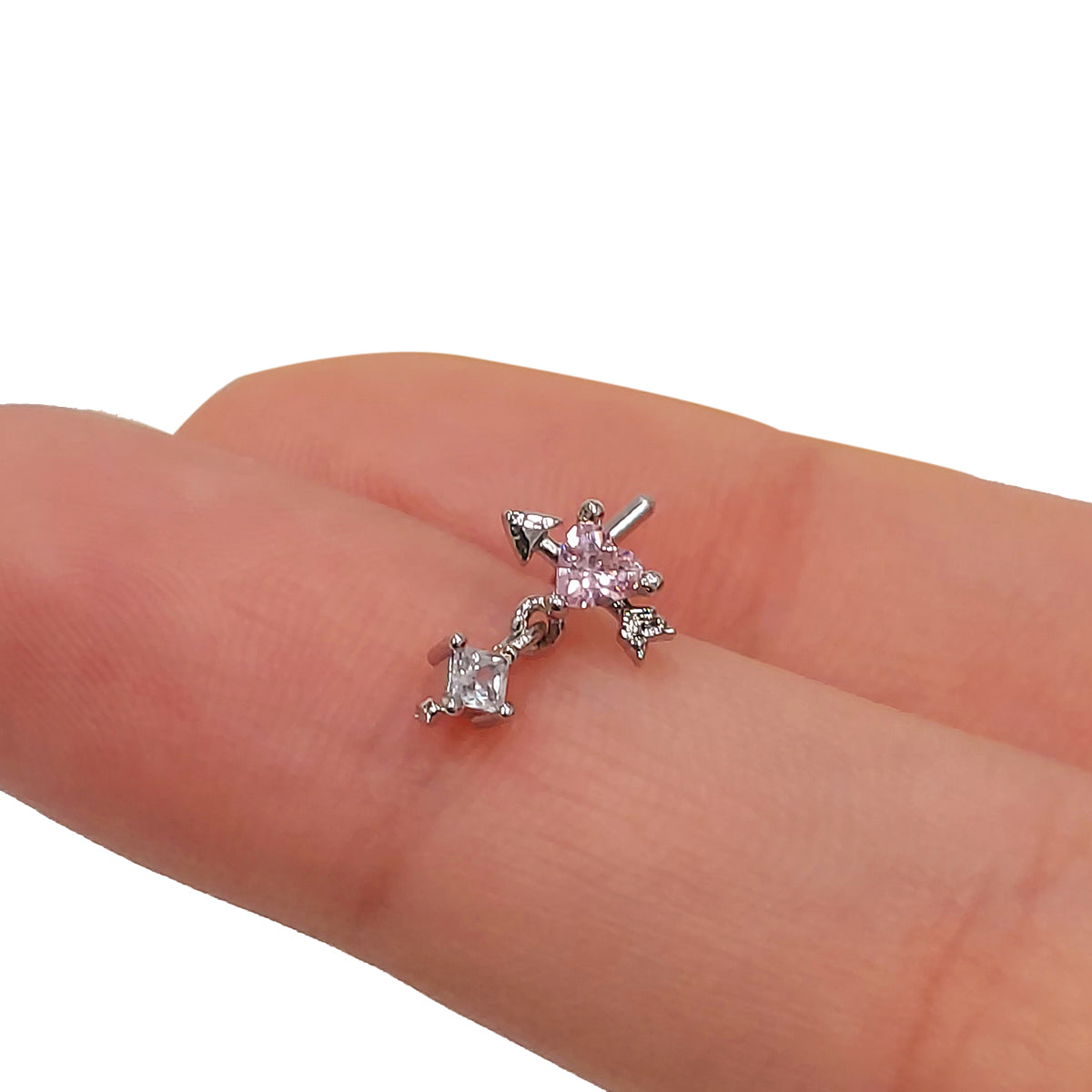 Surgical Steel L-Shaped Nose Stud 20G 6mm with Heart & Arrow CZ Dangle - photo 4